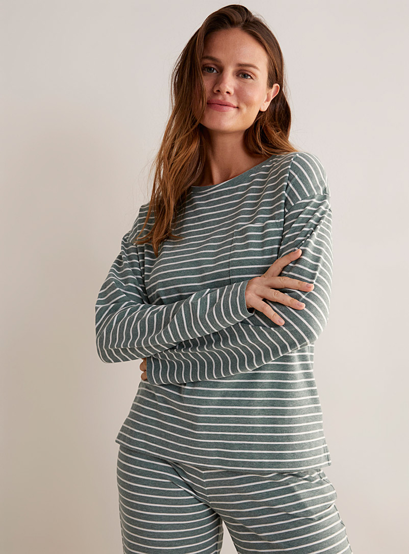 Miiyu Patterned Green Textured stripes boat-neck lounge T-shirt for women
