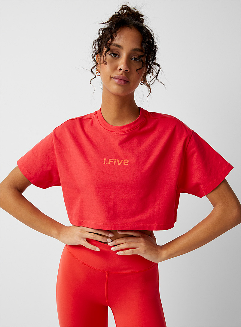 I.FIV5 Red Ultra-cropped loose logo tee for women