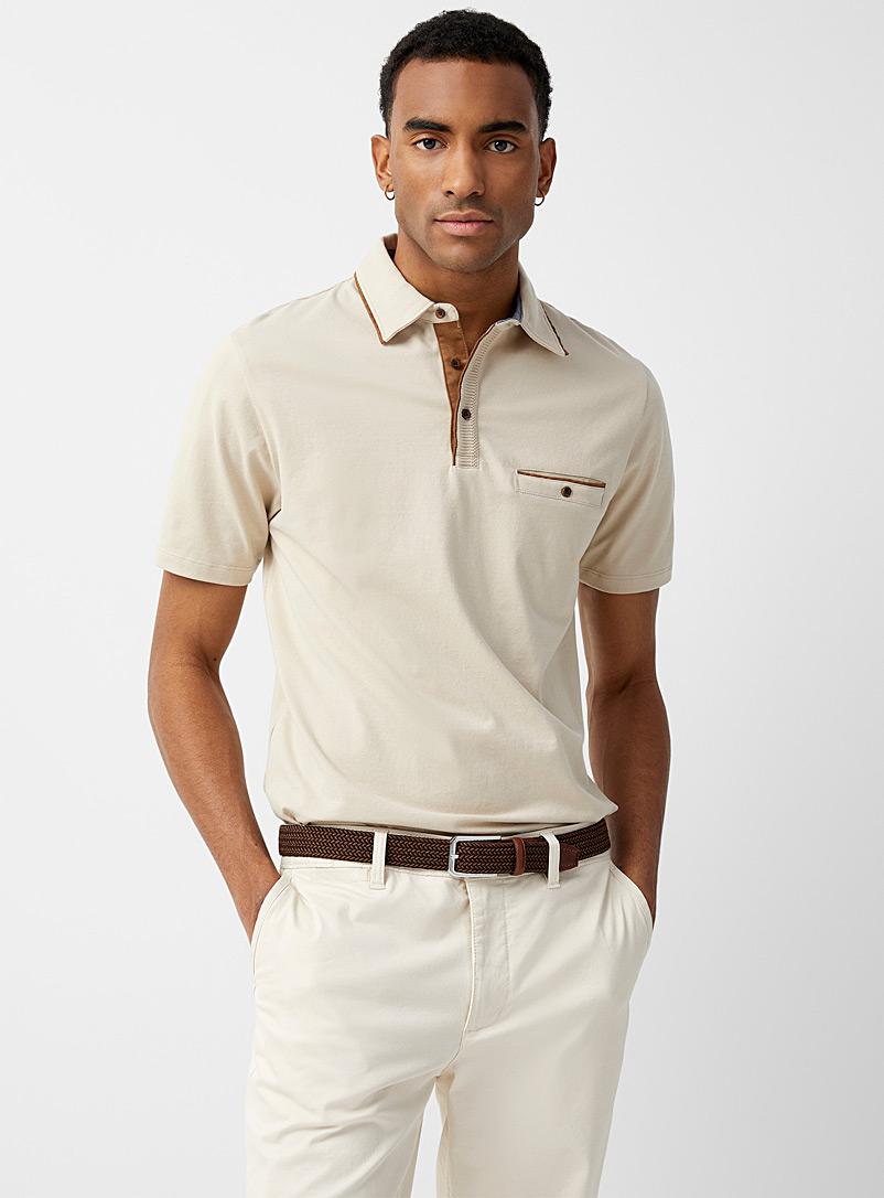 Le 31 Light Brown Faux-suede trimmed polo for men