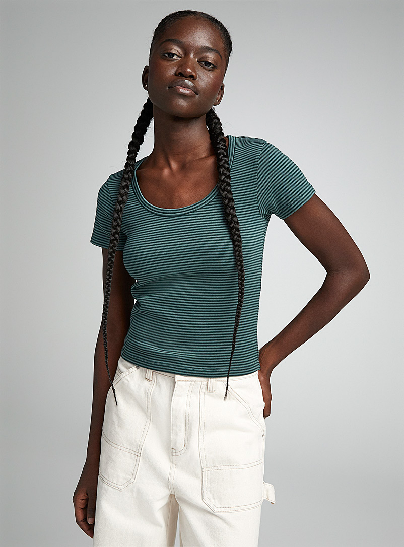 Twik Mossy Green Striped open-collar T-shirt for women