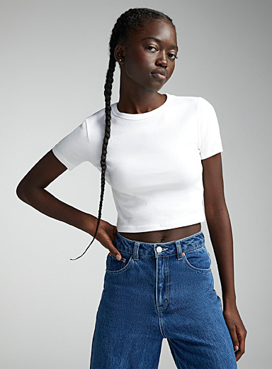 Twik: Le t-shirt mini col rond uni <b>Coupe très ajustée</b> Blanc pour femme