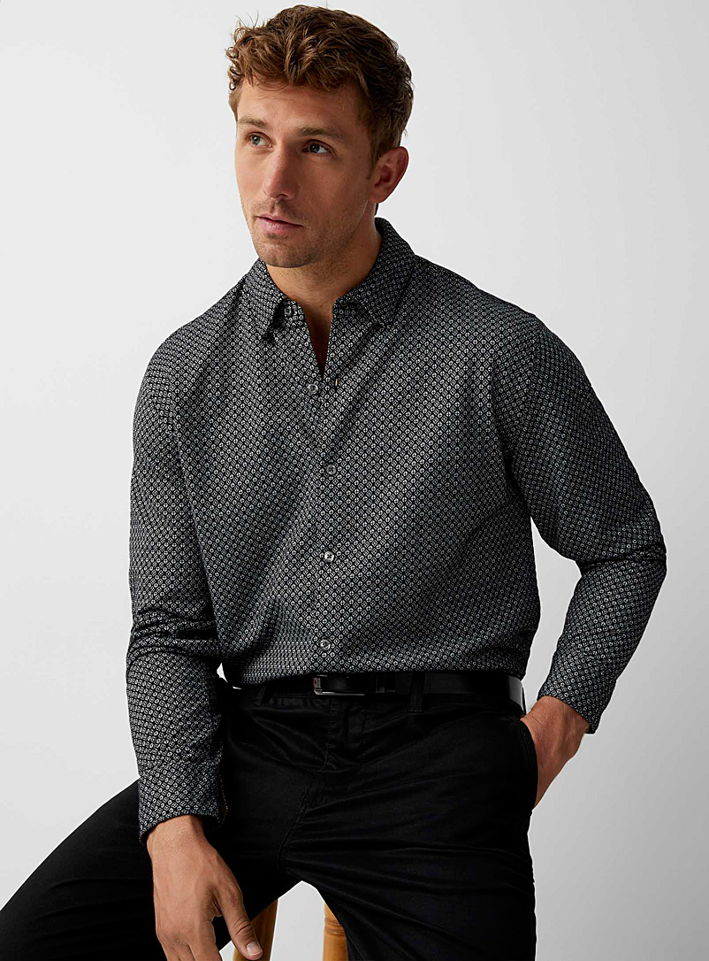 Le 31 Patterned Black Jacquard jersey shirt Modern fit for men