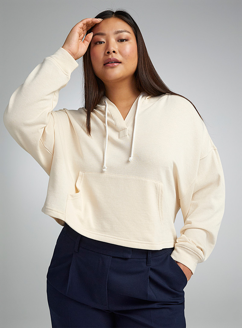 Twik Cream Beige Lightweight fleece cropped hoodie for women
