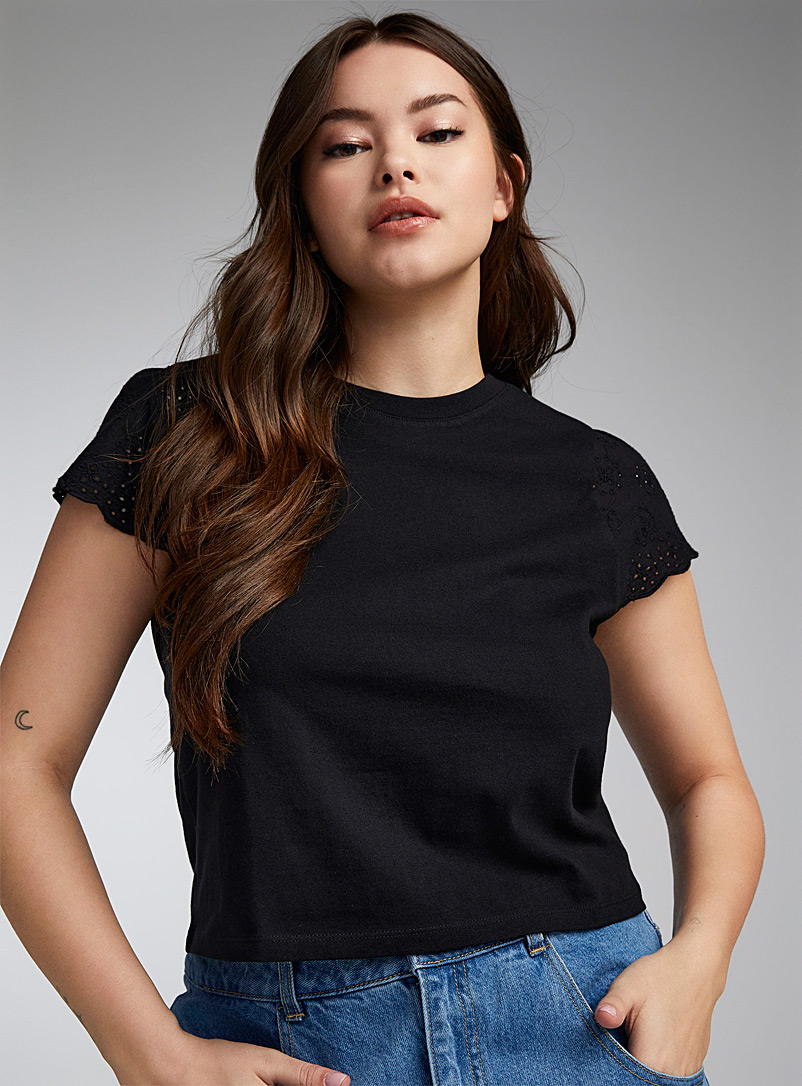Twik Black Broderie anglaise cap-sleeve tee for women