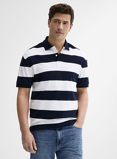 Le 31: Le polo piqu&eacute; rayures club <b>Coupe standard</b> Bleu fonc&eacute; - Indigo pour homme