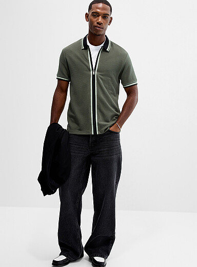 Le 31 Mossy Green Zipped polo-collar waffled jersey cardigan <b>Standard fit</b> for men