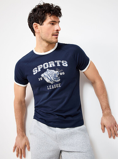 I.FIV5 Navy/Midnight Blue Retro fitness print raglan T-shirt for men