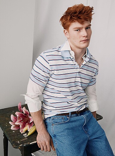 Le 31: Le polo piqu&eacute; rayures combin&eacute;es Bleu p&acirc;le - Bleu ciel pour homme