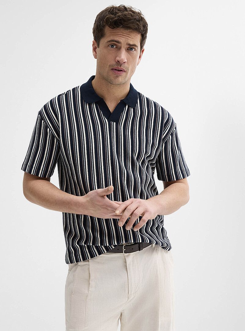 Le 31 Ivory/Cream Beige Retro stripe Johnny-collar polo <b>Comfort fit</b> for men