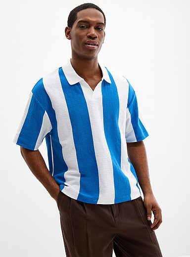 Le 31: Le polo col johnny jersey ajour&eacute; ray&eacute; Bleu pour homme