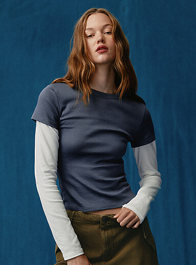 Twik Grey Layered-look T-shirt <b>Super slim fit</b> for women