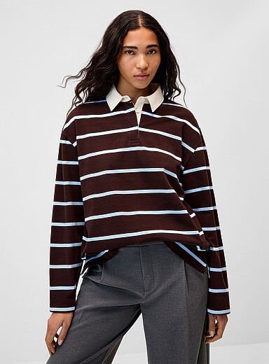 Twik: Le polo ample rayures rugby col contraste Brun pour femme
