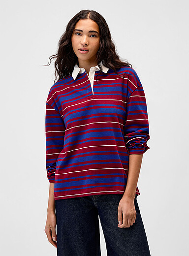 Twik Patterned Red Loose contrasting-collar rugby-stripe polo shirt for women