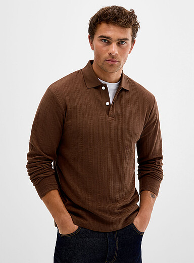 Le 31 Brown Jacquard stripe pointelle polo for men