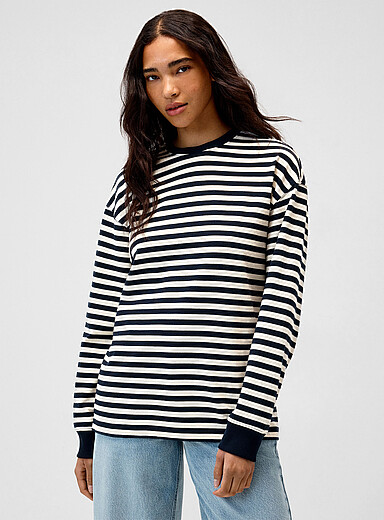 Twik: Le t-shirt ample bords contraste coton bio Bleu marine - Bleu nuit pour femme