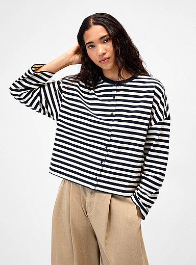 Twik: Le cardigan carr&eacute; &agrave; rayures coton bio Bleu marine - Bleu nuit pour femme
