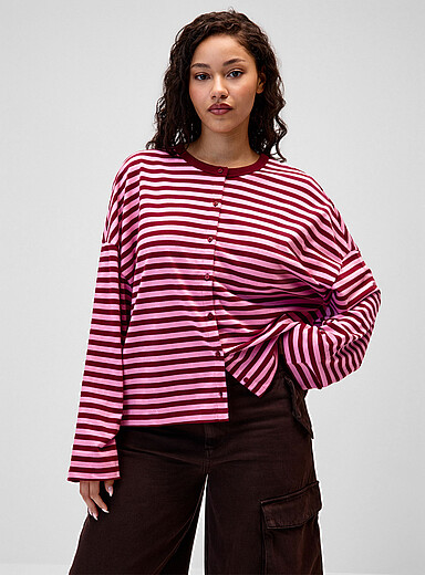 Twik: Le cardigan carr&eacute; &agrave; rayures coton bio Rose pour femme