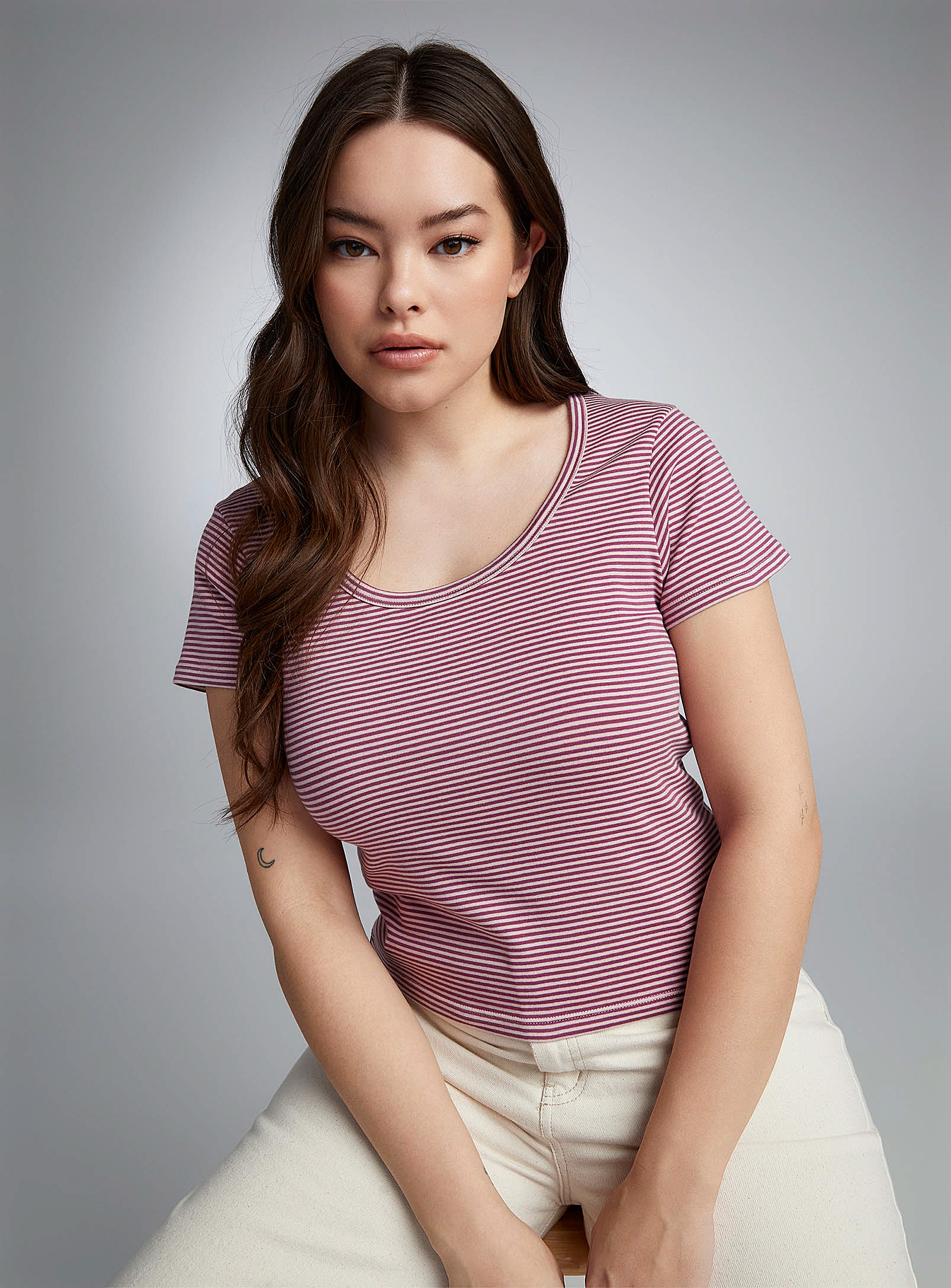 Twik Striped Open-collar T-shirt In Pink