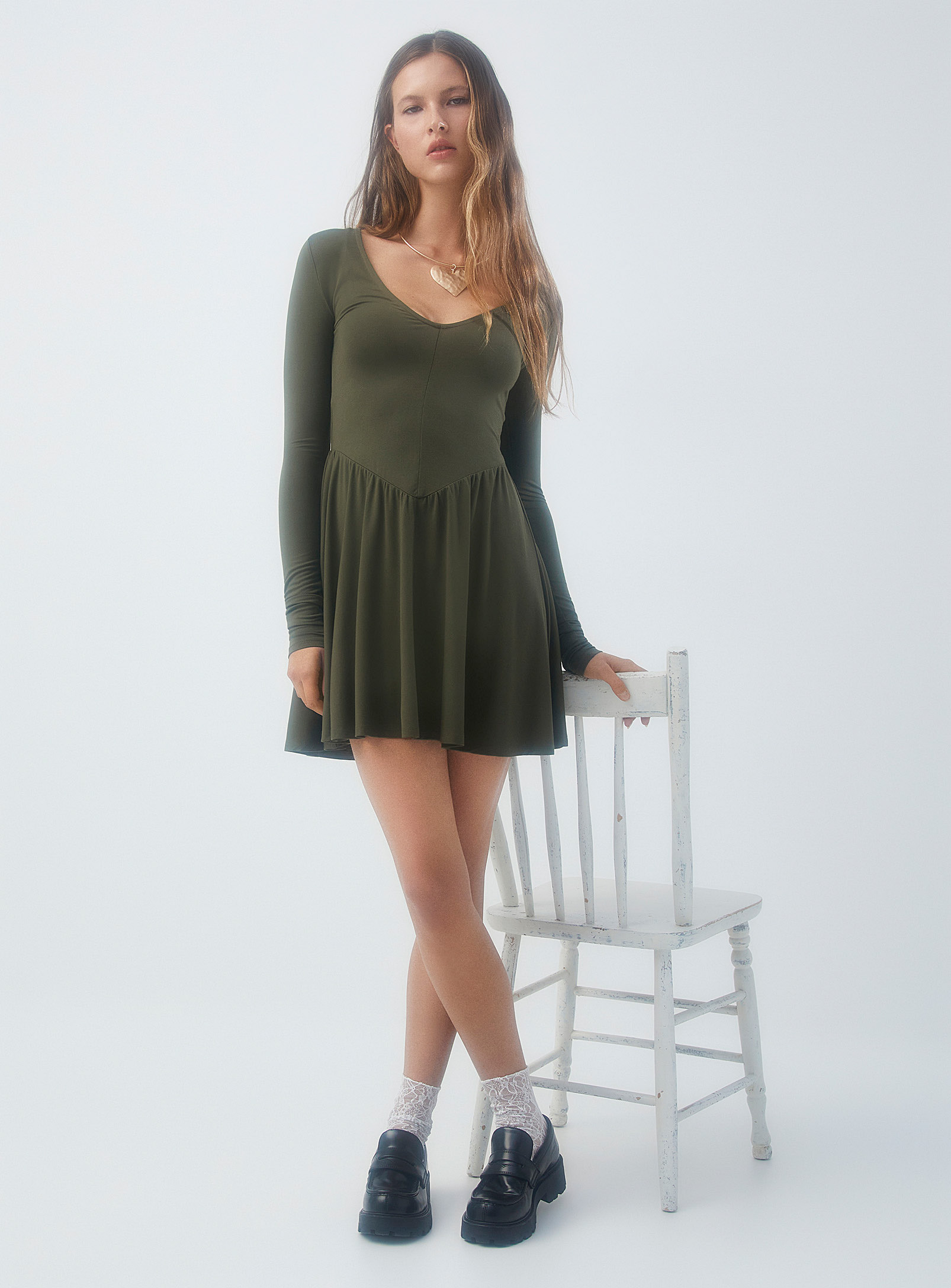 Twik Fit-and-flare Modal Dress In Khaki/sage/olive