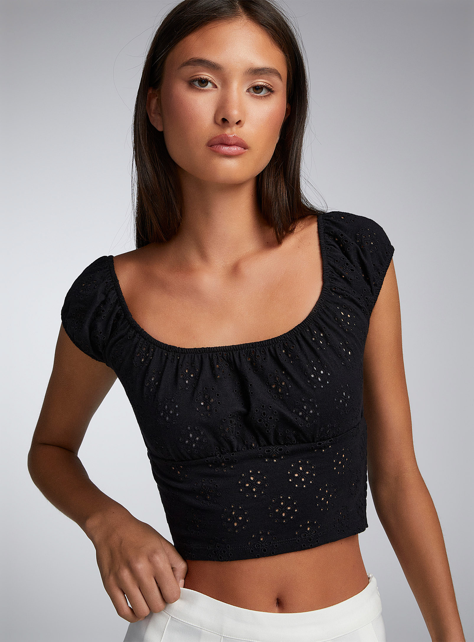 Twik Broderie Anglaise Off-the-shoulder Crop Top In Black