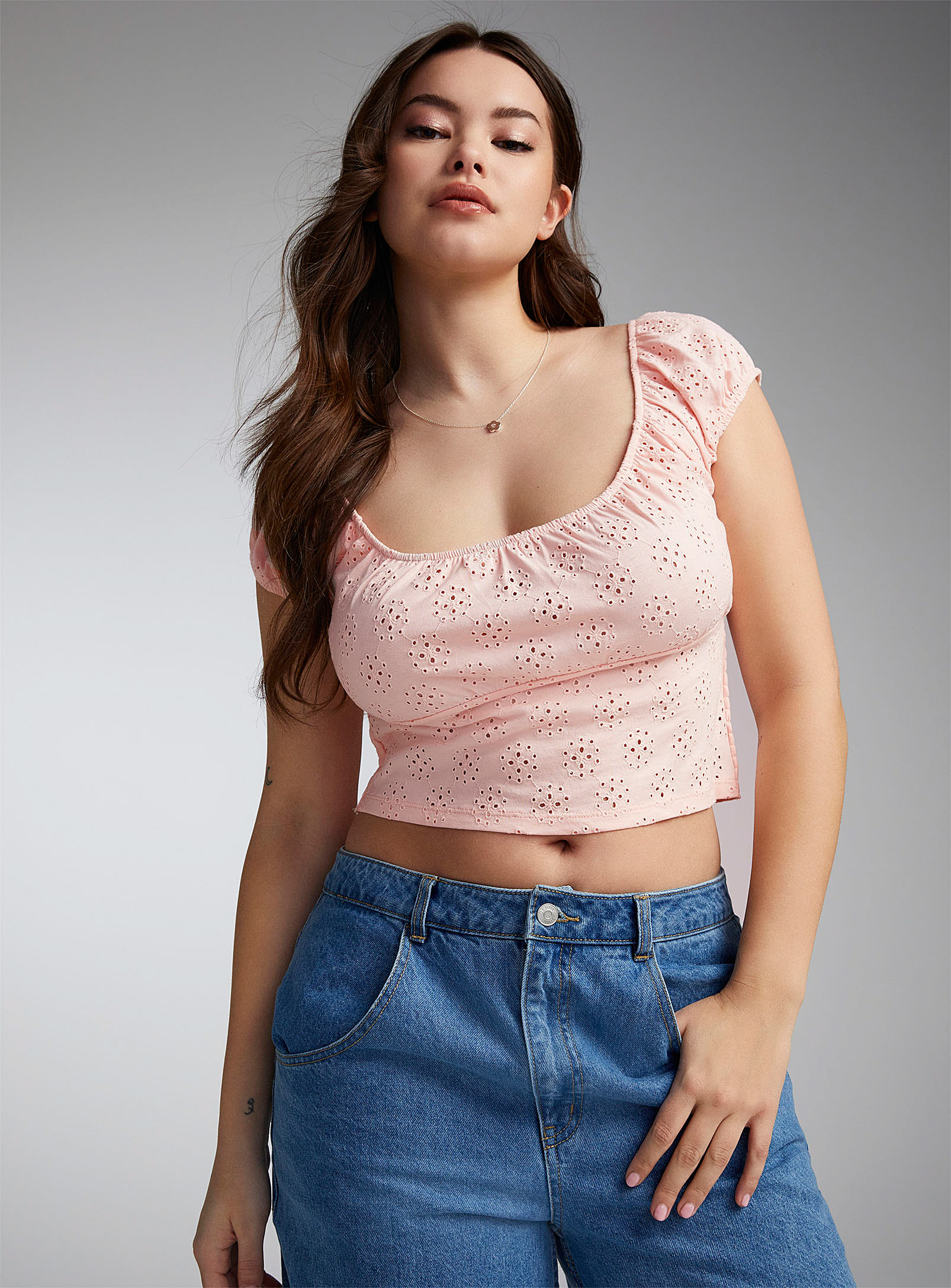 Twik Broderie Anglaise Off-the-shoulder Crop Top In Pink