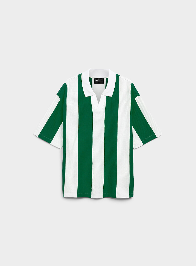 Striped Openwork Jersey Johnny-Collar Polo