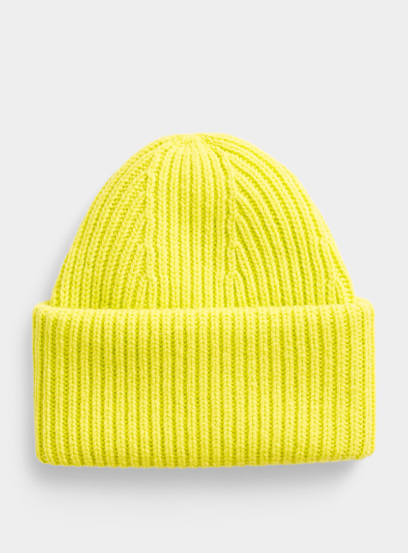 Simons Bright Yellow XL-cuff pure wool tuque for women