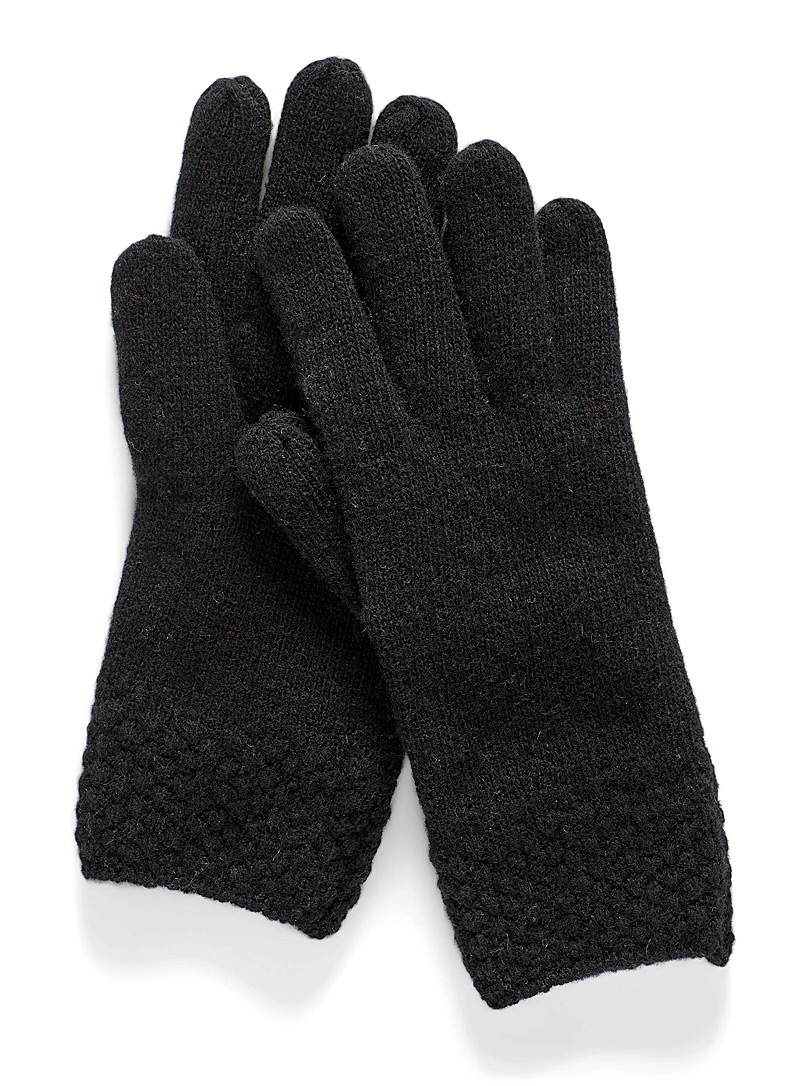 Simons Black Bubble-stitch cuff lambswool gloves for women