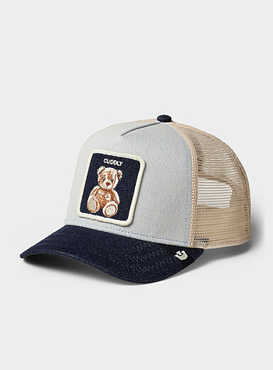 Teddy bear emblem denim trucker cap