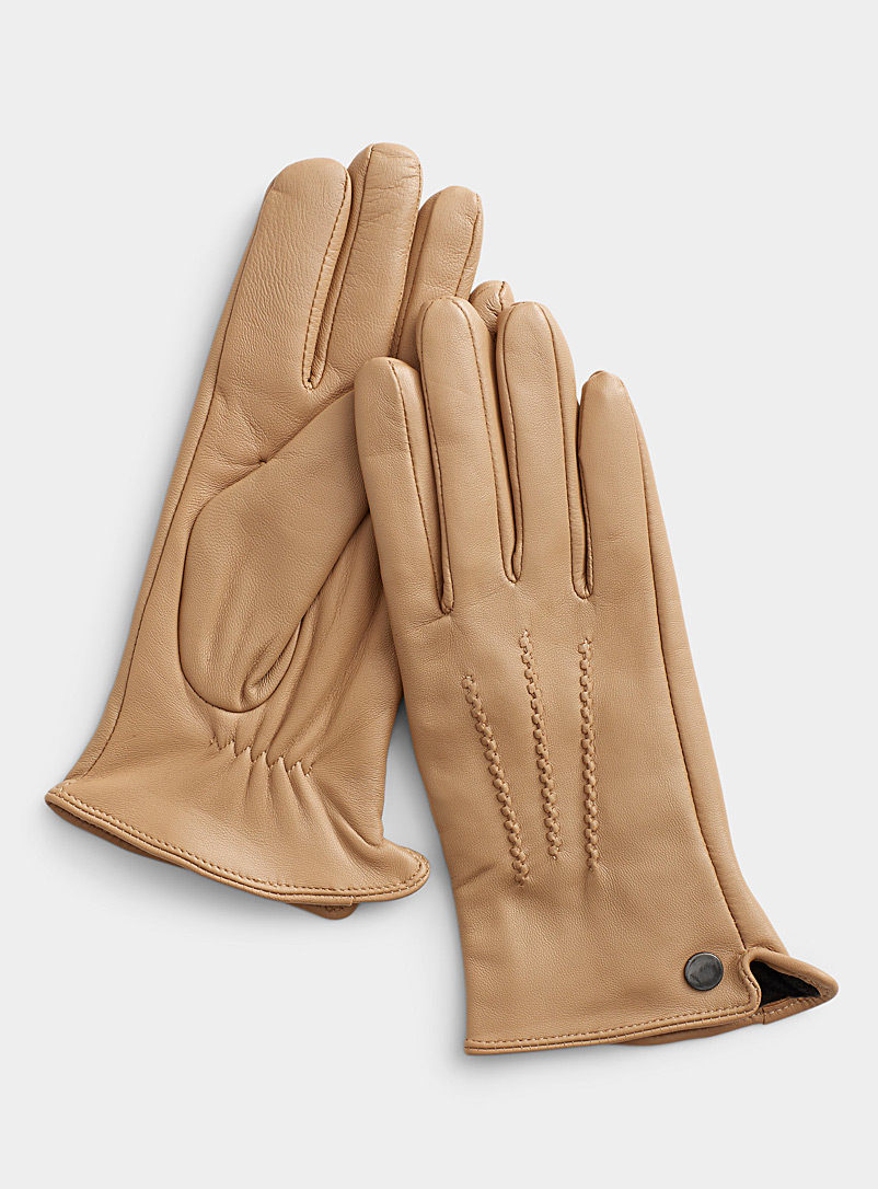 Simons Cream Beige Wavy hand-stitched points leather gloves for women