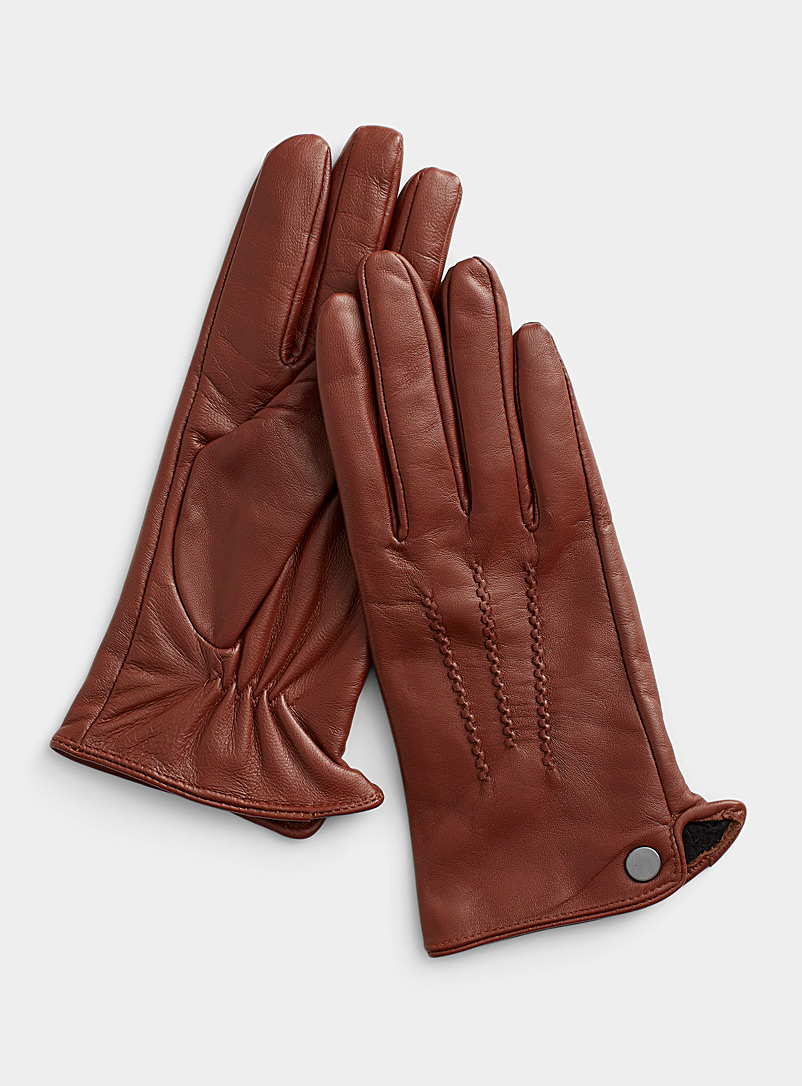 Simons Medium Brown Wavy hand-stitched points leather gloves for women