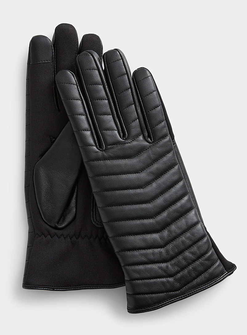 Simons Black Topstitched chevron leather gloves for women