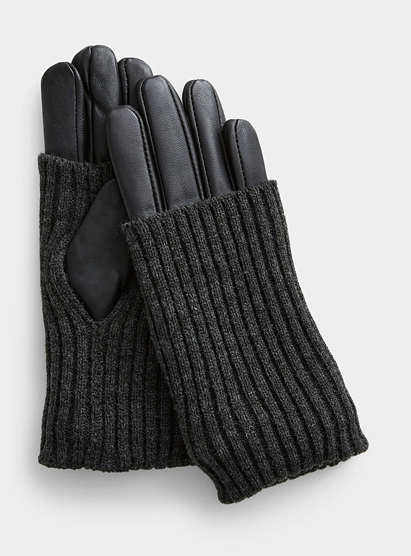 Simons: Le gant cuir chauffe-poignet côtelé Noir pour femme