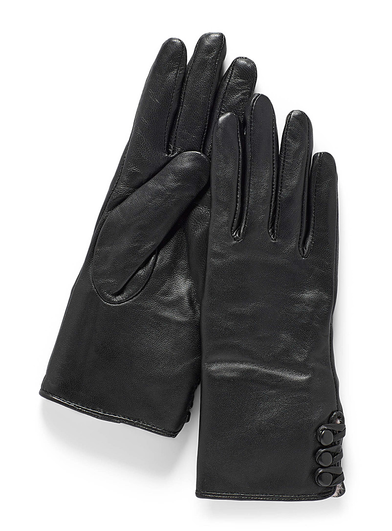 Simons Black Faux-fur cuff leather gloves for women