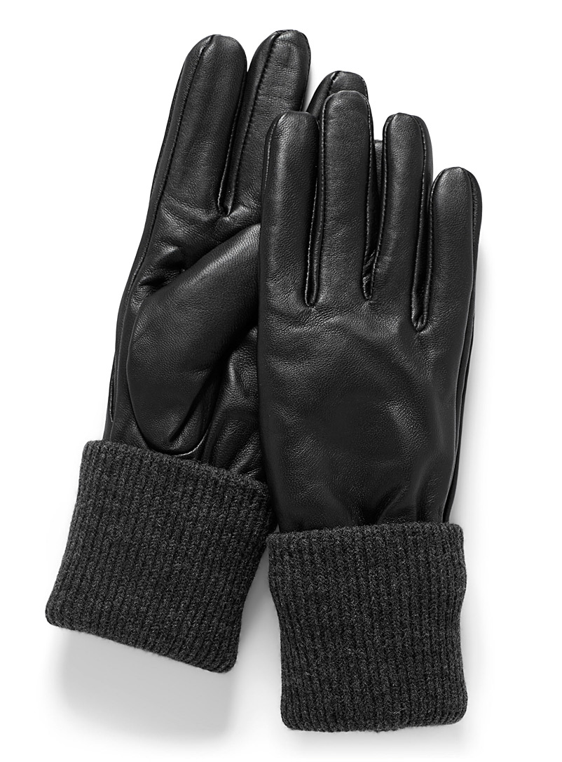 Simons Black Knit cuff leather gloves for women