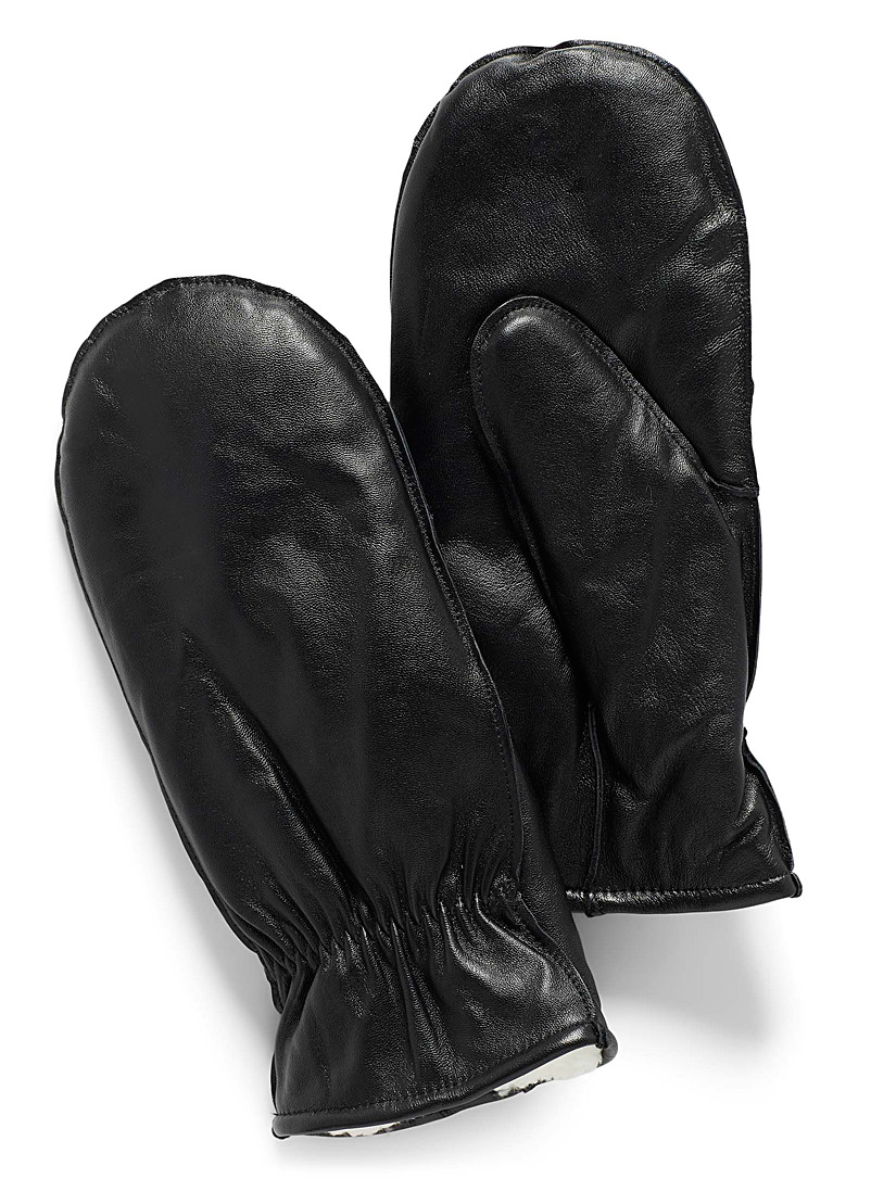 Simons Black Leather and sherpa mittens for women