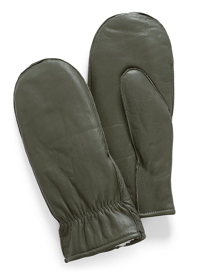Simons Mossy Green Leather and sherpa mittens for women