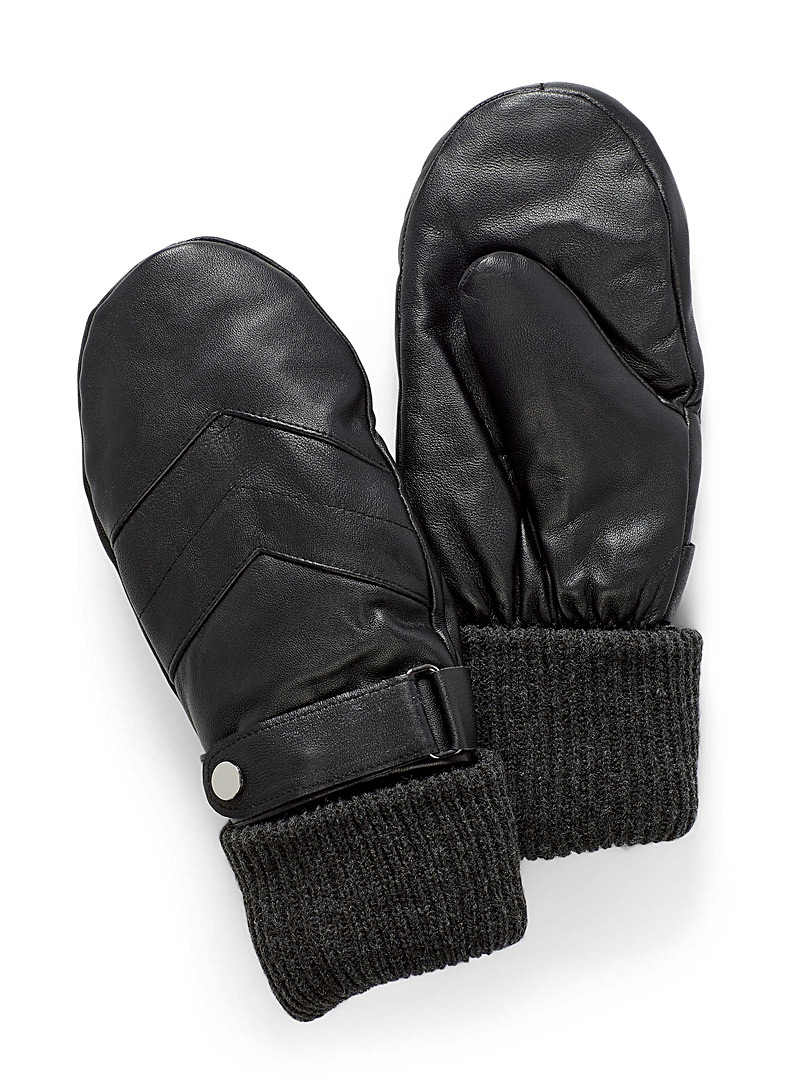 Simons Black Knit and chevron leather mitten for women