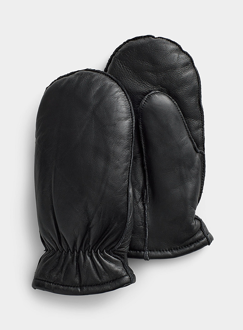 Simons Black Sherpa-lined leather mittens for women
