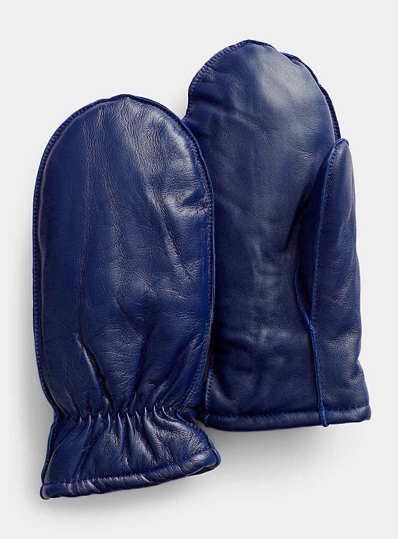 Simons Sapphire Blue Sherpa-lined leather mittens for women