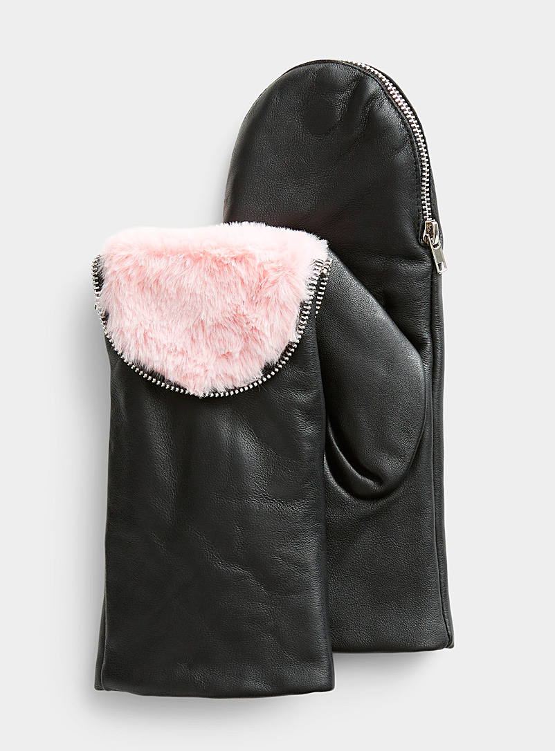 Simons Black Zip-opening leather mittens for women