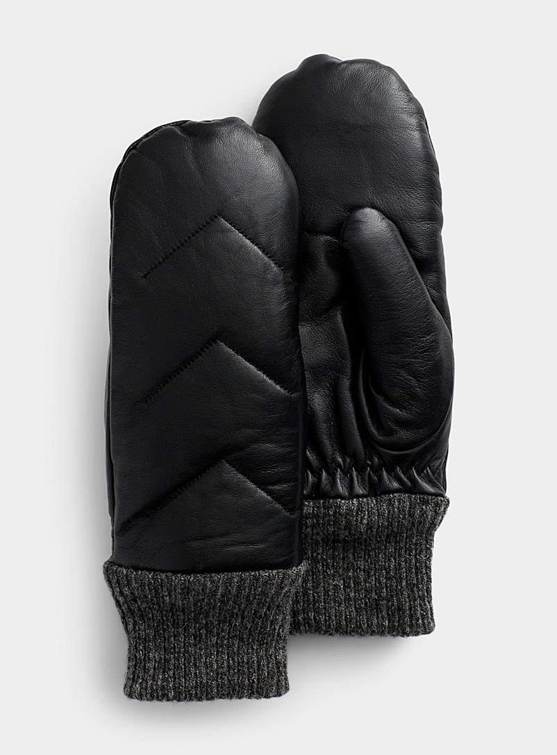 Simons Black Chevron topstitching leather mittens for women