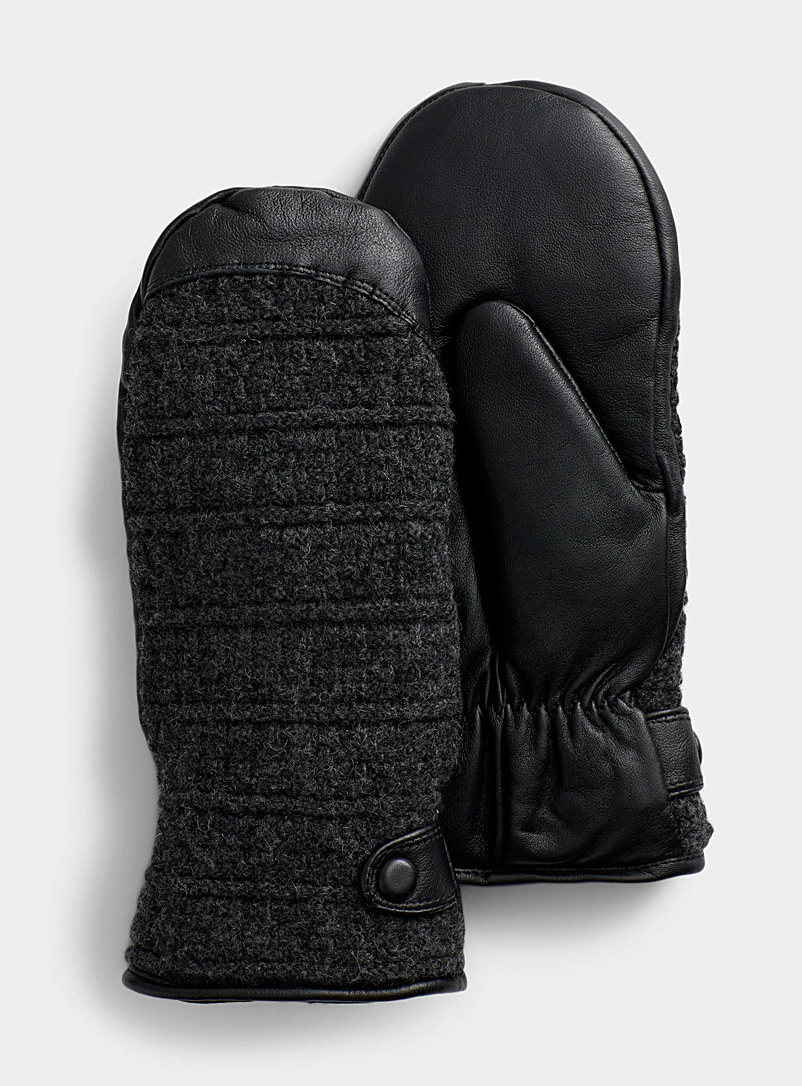 Simons Black Knit-insert leather mittens for women