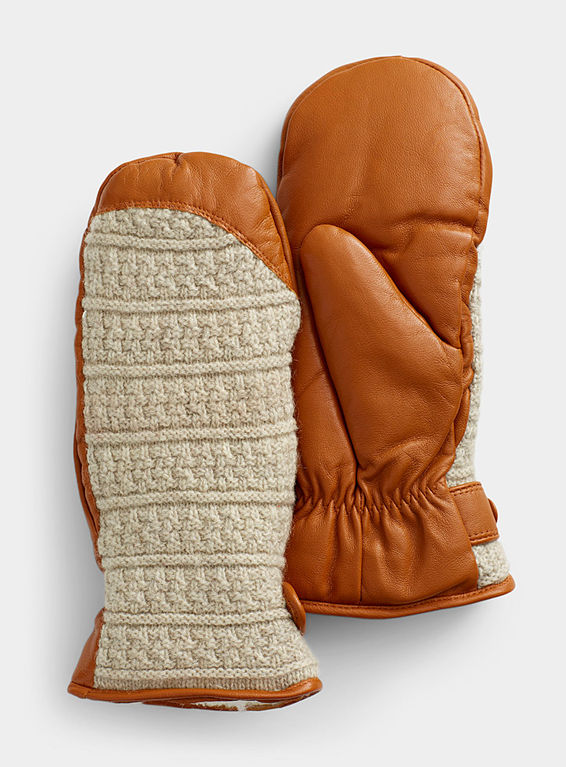 Simons Medium Brown Knit-insert leather mittens for women