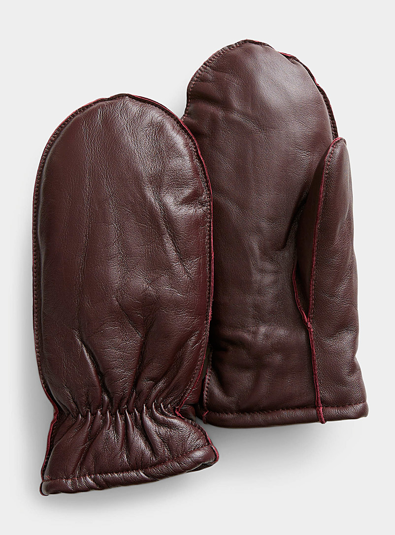 Simons Burgundy Sherpa-lined leather mittens for women