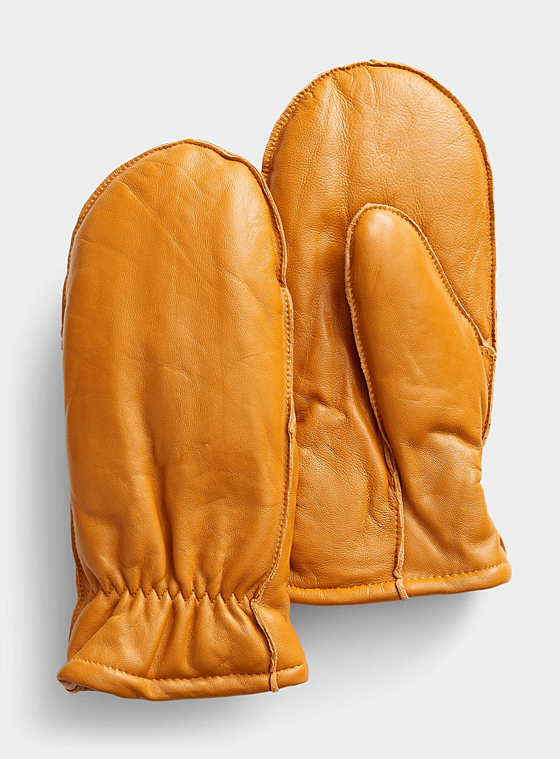 Simons Golden Yellow Sherpa-lined leather mittens for women