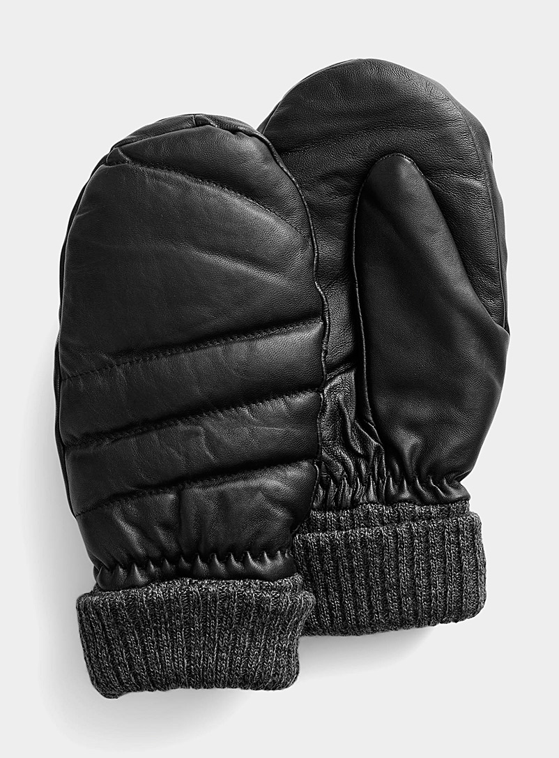 Simons Black Genuine leather quilted mittens for women