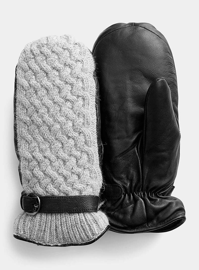 Simons Black Knit and leather mittens for women