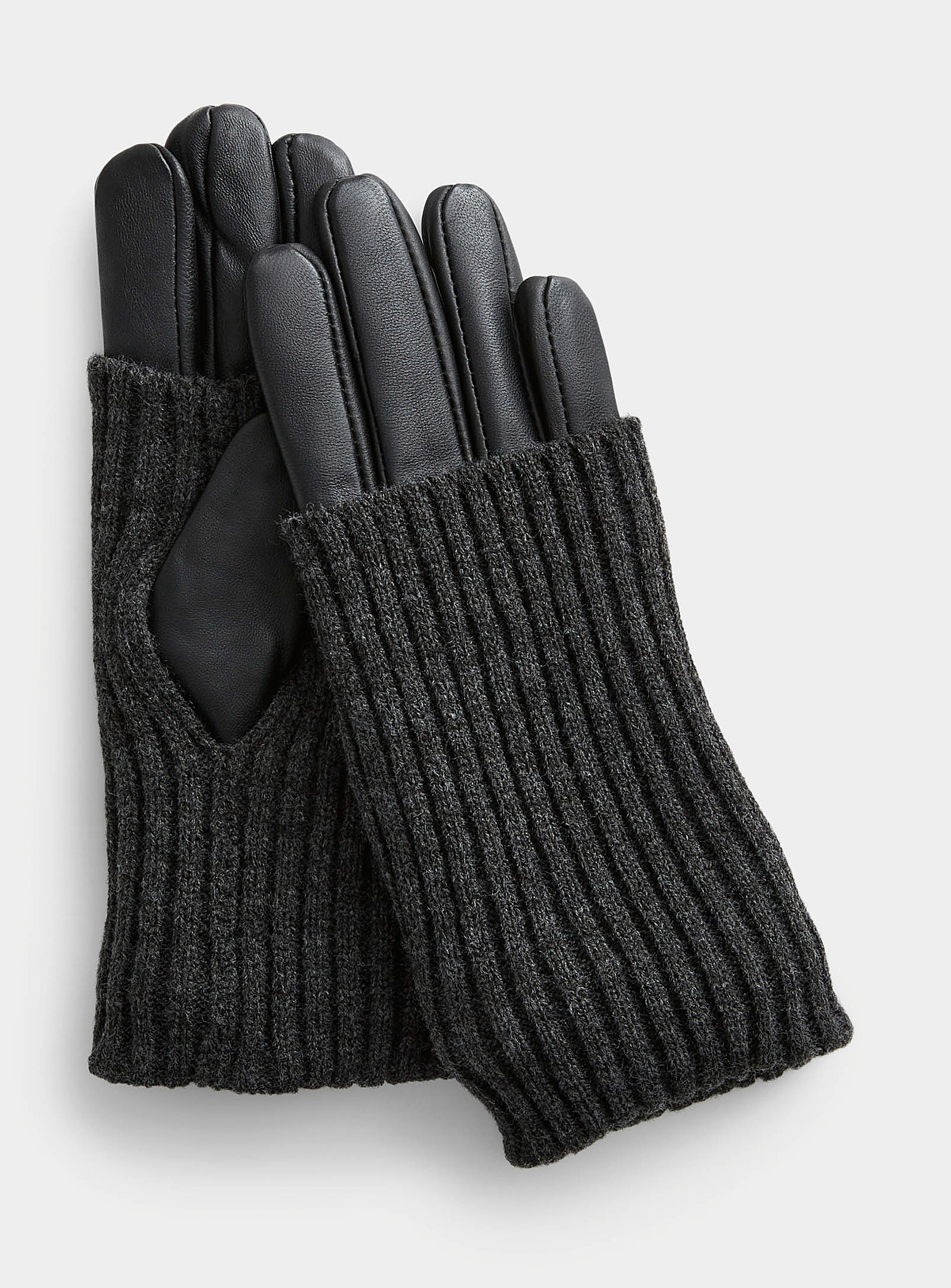 Simons - Women's Ribbed wrist-warmer leather gloves