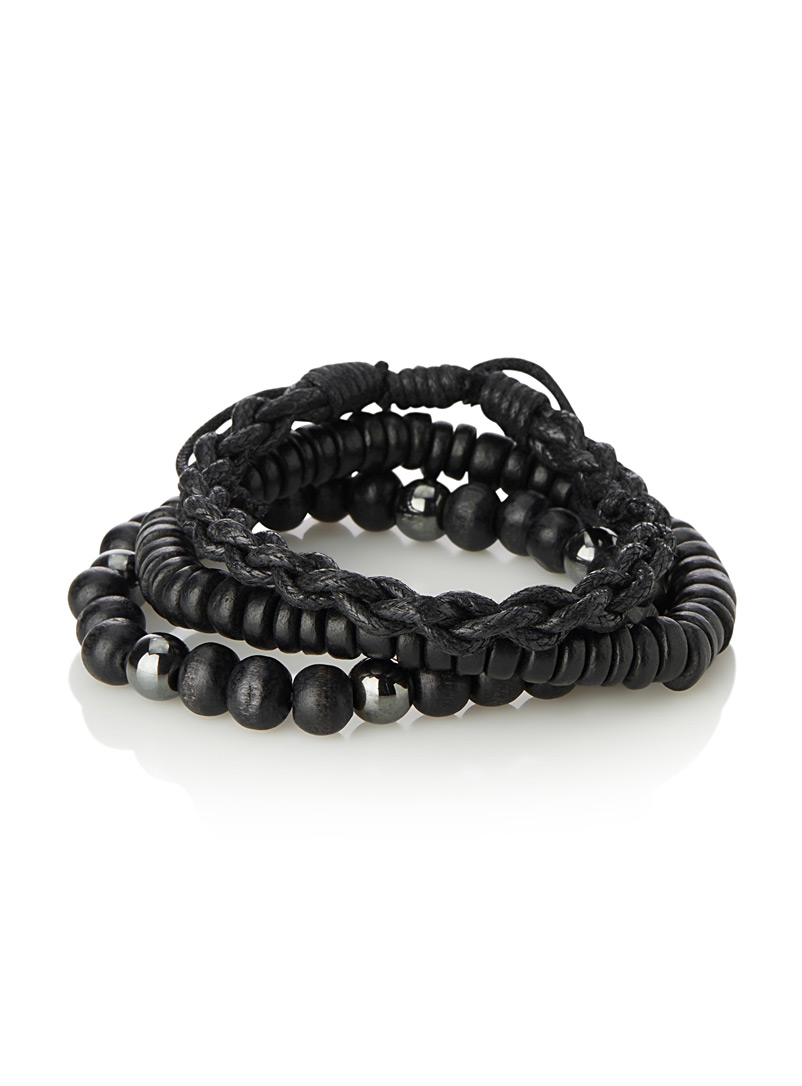 Le 31 Black Black mixed-media bracelets Set of 3 for men